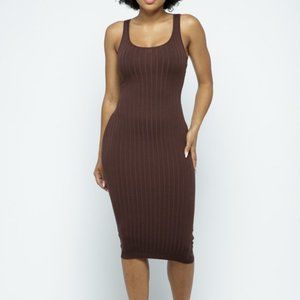 Womens Brown Ribbed Knit Bodycon Midi Dress